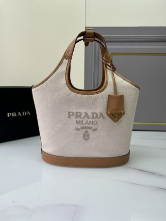 Prada Natural Medium Linen Blend And Leather Tote Bag 28x22.5x12.5cm
