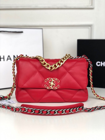 CHANEL 19 HANDBAG Shiny Leather, Gold-Tone, Silver-Tone & Ruthenium-Finish Metal Red 6.2 × 10.1 × 3.5 in