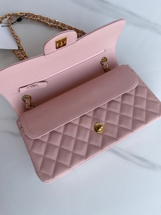 CHANEL CLASSIC HANDBAG GRAINED CALFSKIN & GOLD-TONE METAL PINK 6 × 9.9 × 2.5 in