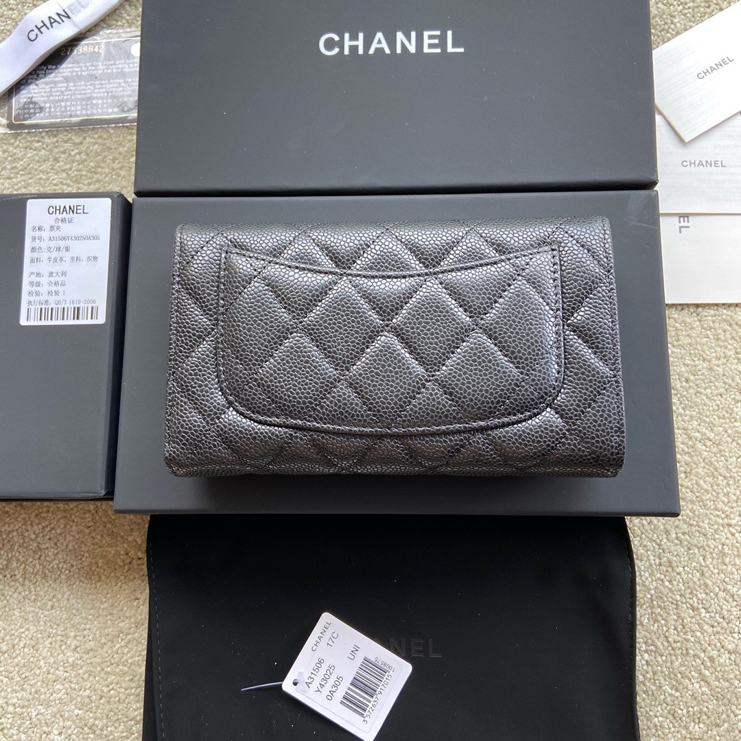 CHANEL FLAP WALLET GRAINED LEATHER BLACK 19.5 x10 cm