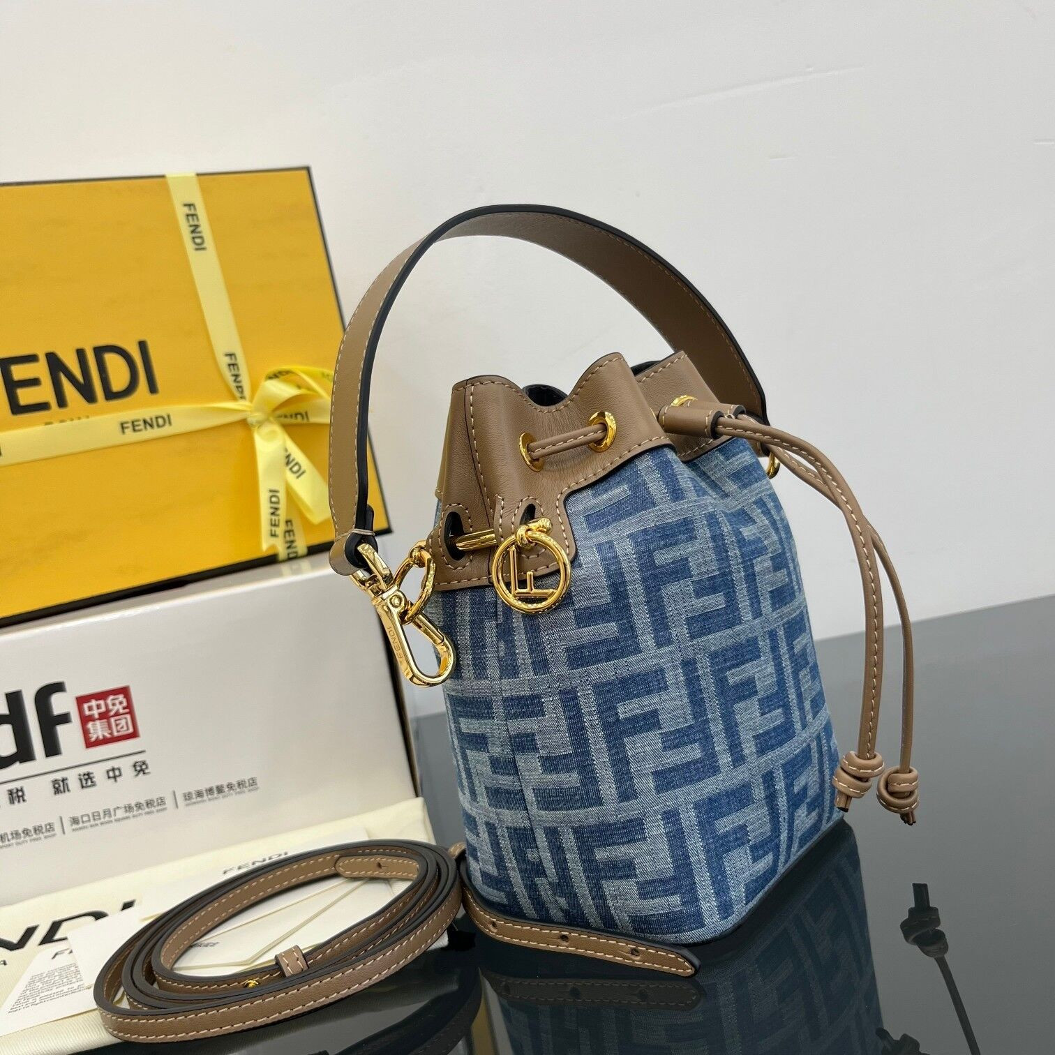 Fendi Mon Tresor Mini Ff Denim Fabric Bucket Bag 18x12x10cm