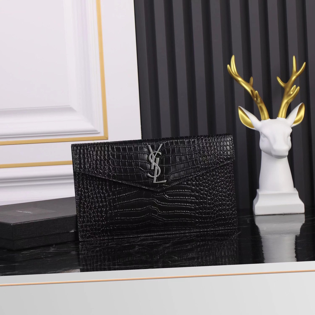 YSL UPTOWN POUCH IN CROCODILE-EMBOSSED SHINY LEATHER BLACK 10.6 X 6.2 X 0.7 INCHES