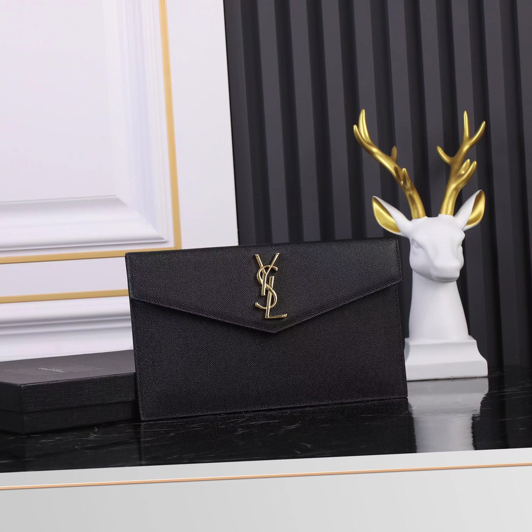 YSL UPTOWN POUCH IN GRAIN DE POUDRE EMBOSSED LEATHER BLACK 10.6 X 6.2 X 0.7 INCHES