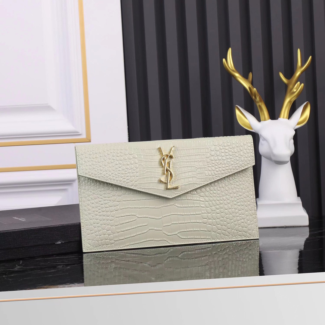 YSL UPTOWN POUCH IN CROCODILE-EMBOSSED SHINY LEATHER BLANC VINTAGE 10.6 X 6.2 X 0.7 INCHES