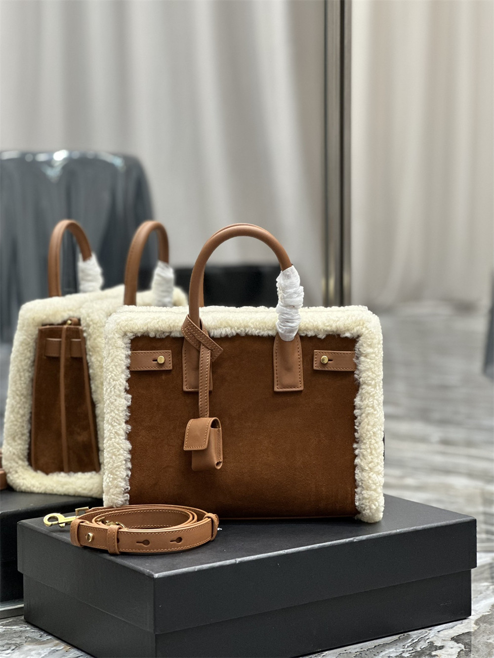 YSL SAC DE JOUR SUPPLE SAMLL IN SUEDE AND SHEARLING DARK CIGAR AND NATURAL BEIGE