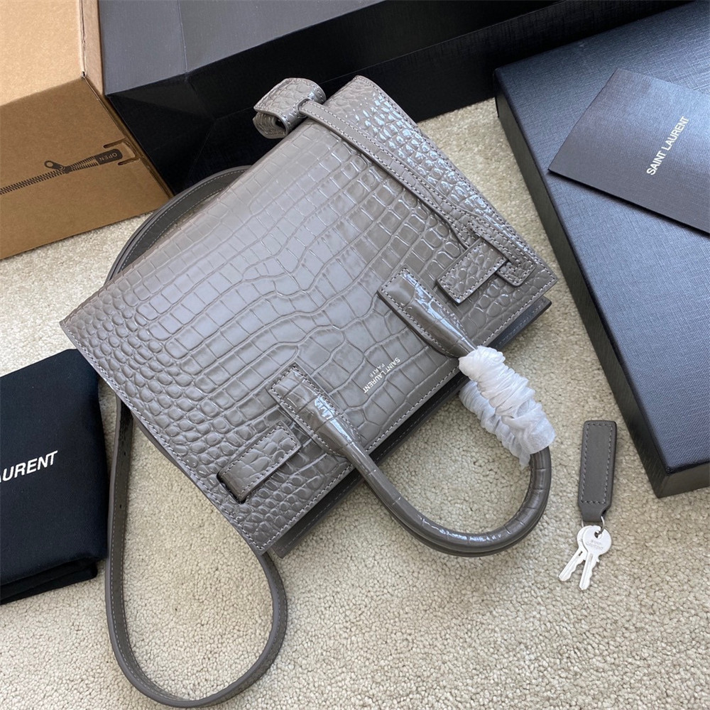 YSL SAC DE JOUR NANO IN CROCODILE EMBOSSED LEATHER DARK GREY 8.6 X 6.8 X 3.5 INCHES