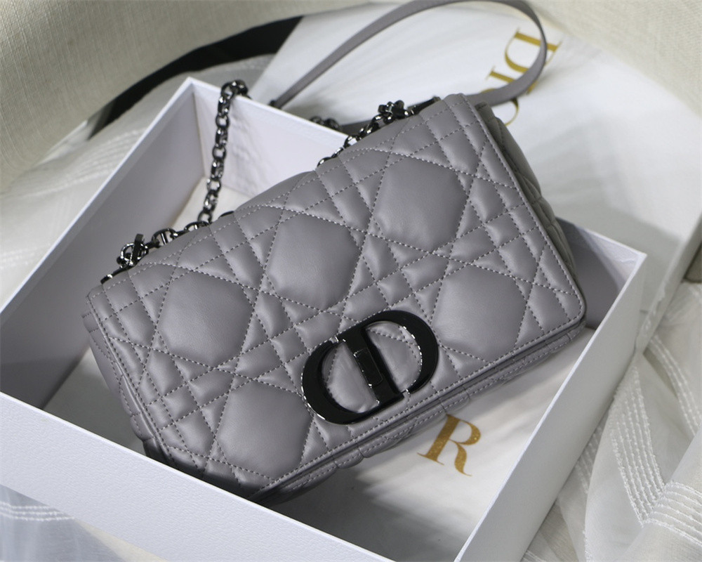 MEDIUM DIOR CARO BAG Grey Supple Cannage Calfskin With Black Hardware 25.5 x 15.5 x 8 cm