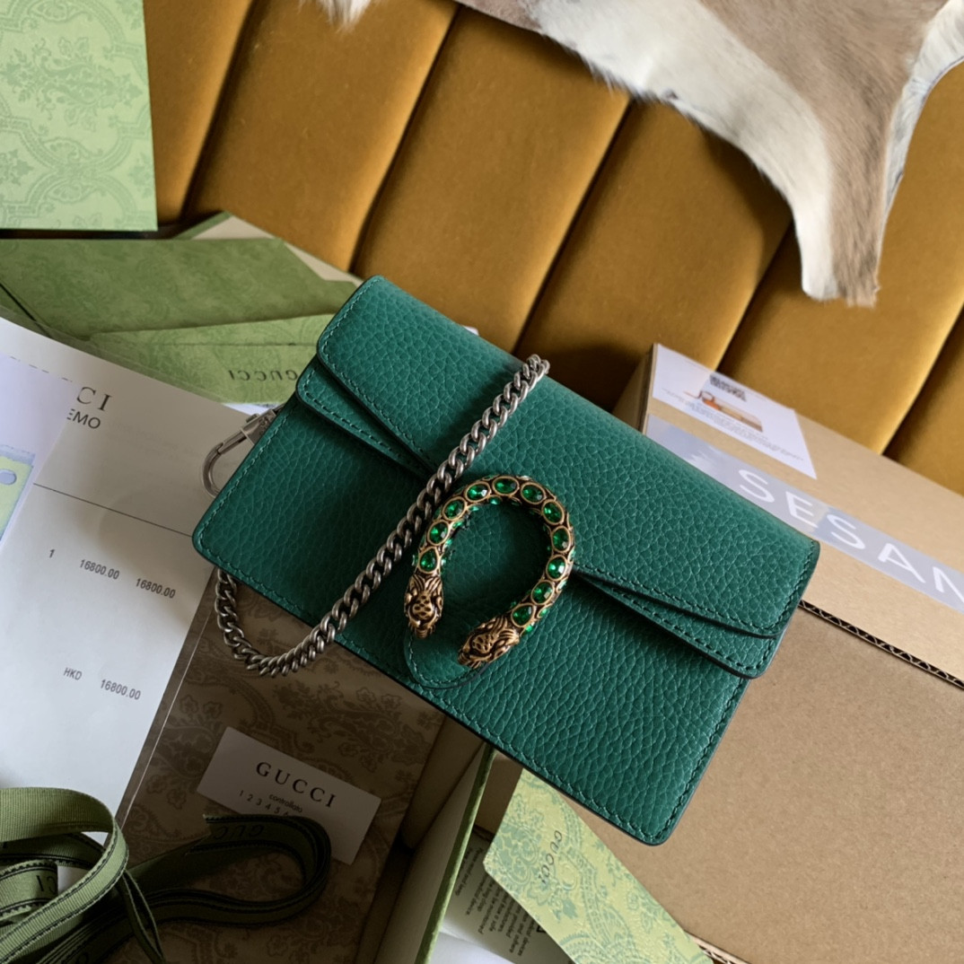 GUCCI DIONYSUS LEATHER SUPER MINI BAG GREEN 6.5"Wx3.9"Hx1.6"D