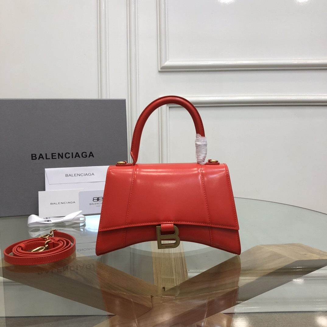 Balenciaga WOMEN'S HOURGLASS SMALL HANDBAG IN SHINY RED BOX L9 x H5,5 x W3,9 inch