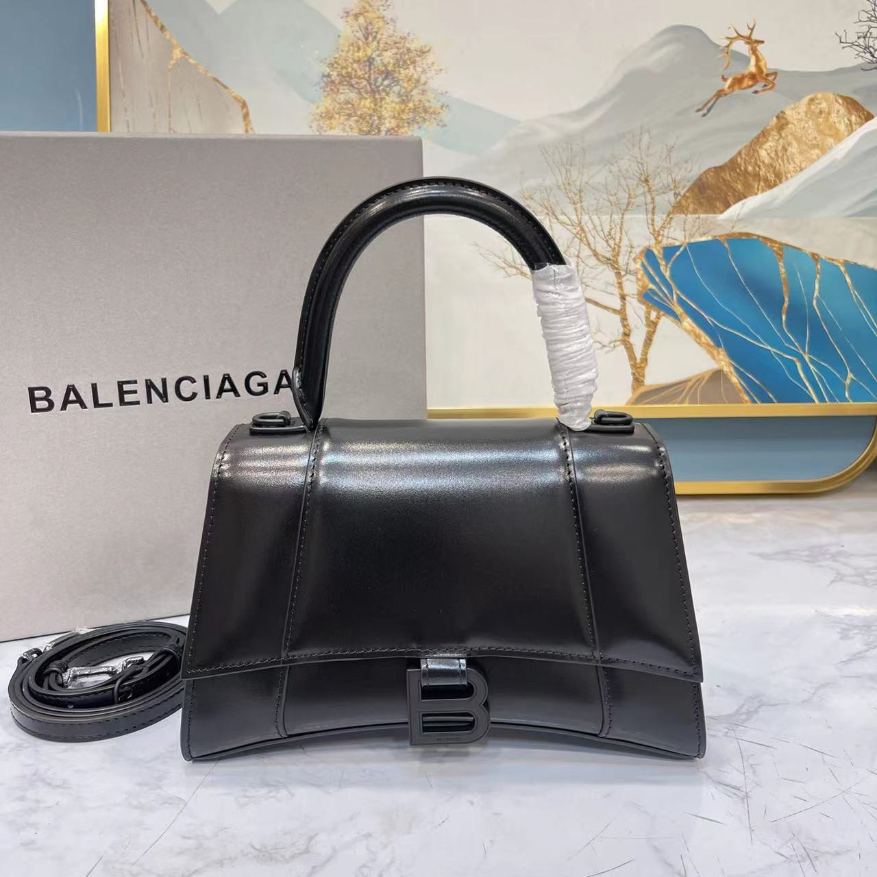 Balenciaga WOMEN'S HOURGLASS SMALL HANDBAG IN SHINY BOX L9 x H5,5 x W3,9 inch
