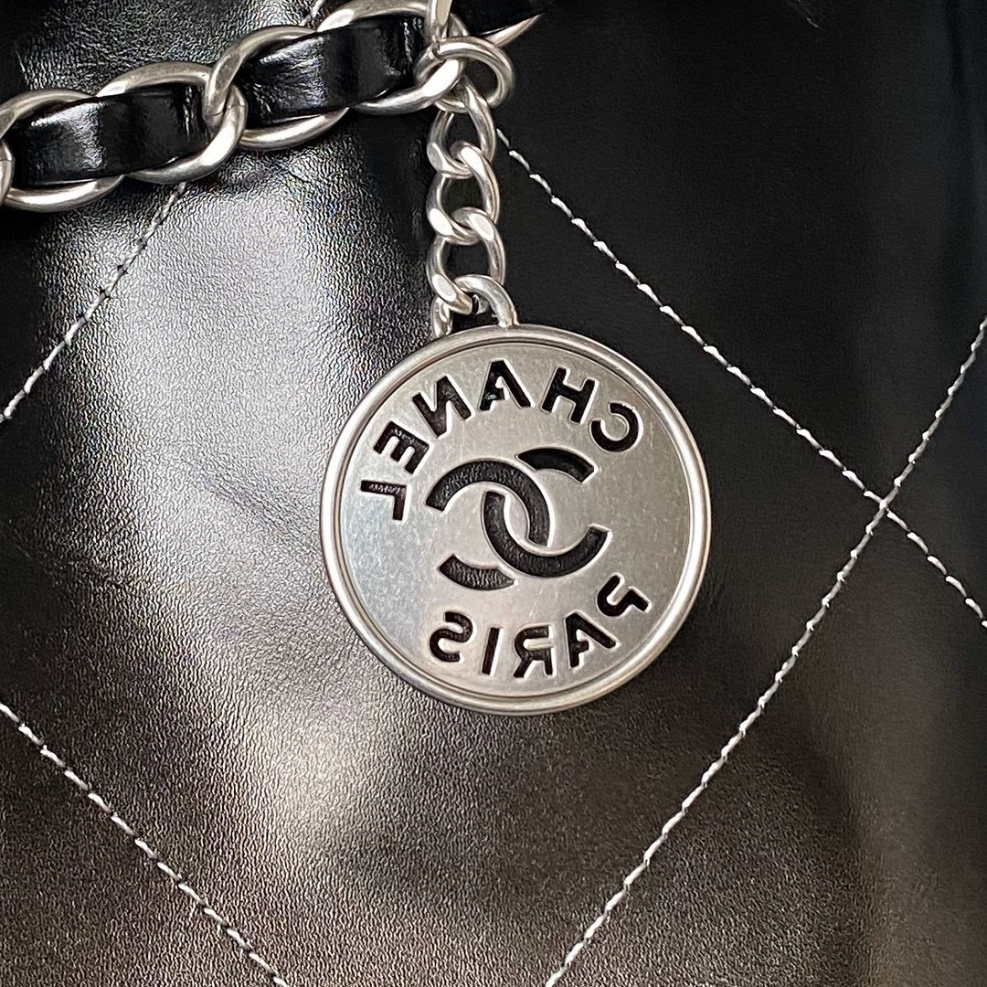 CHANEL 22 HANDBAG Shiny Calfskin SILVER 15.2×16.4×3.1 in