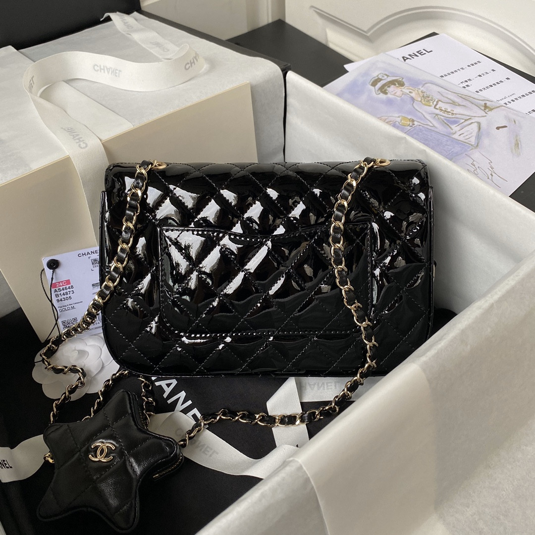 CHANEL FLAP BAG & STAR COIN PURSE BLACK 15.5×24×7.5cm