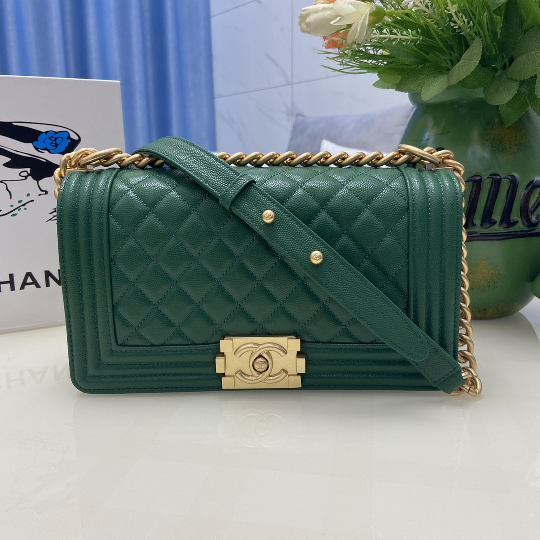 BOY CHANEL HANDBAG Shiny Grained Calfskin & Gold-Tone Metal Green 5.9 × 9.8 × 3.5 in
