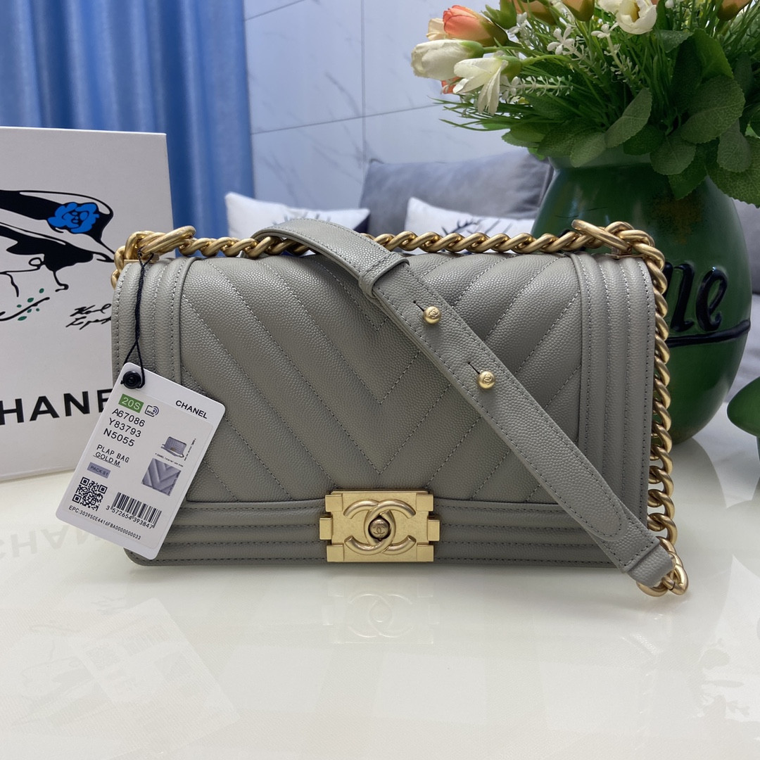 BOY CHANEL HANDBAG Shiny Grained Calfskin & Gold-Tone Metal Gray 5.9 × 9.8 × 3.5 in