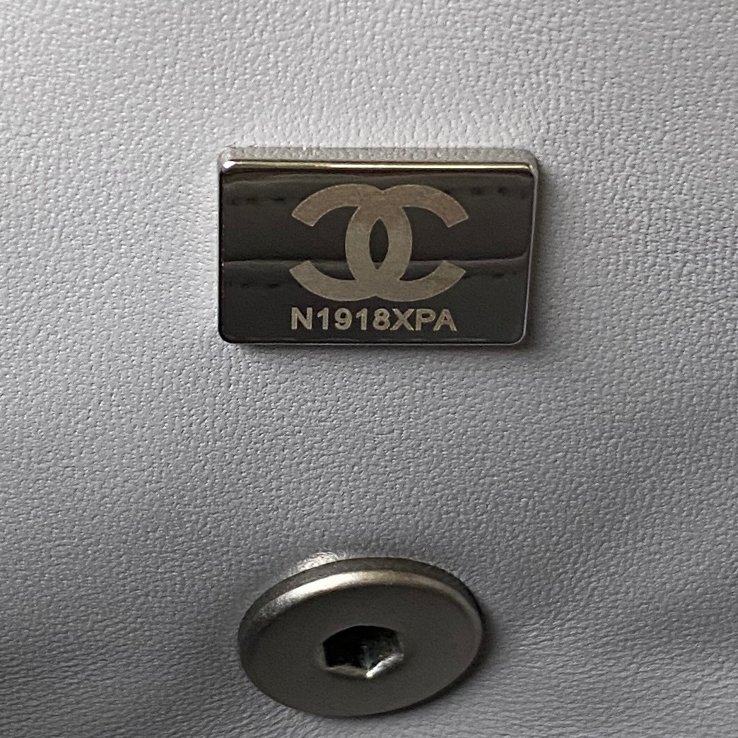 CHANEL MINI FLAP BAG SHINY CALFSKIN & SILVER-TONE METAL LIGHT GRAY 4.7 × 7.8 × 2.3 in