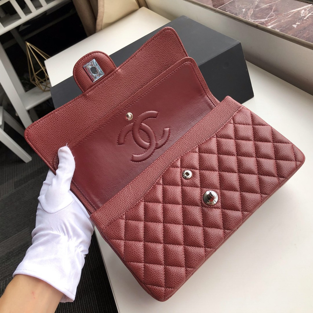 CHANEL CLASSIC HANDBAG GRAINED CALFSKIN & SILVER-TONE METAL red 6 × 9.9 × 2.5 in