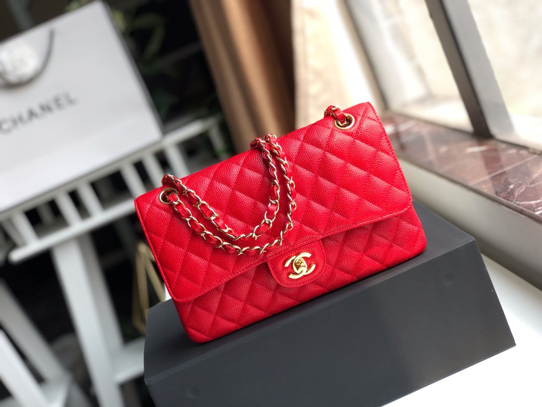 CHANEL CLASSIC HANDBAG GRAINED CALFSKIN & gold-TONE METAL SHINY red 6 × 9.9 × 2.5 in