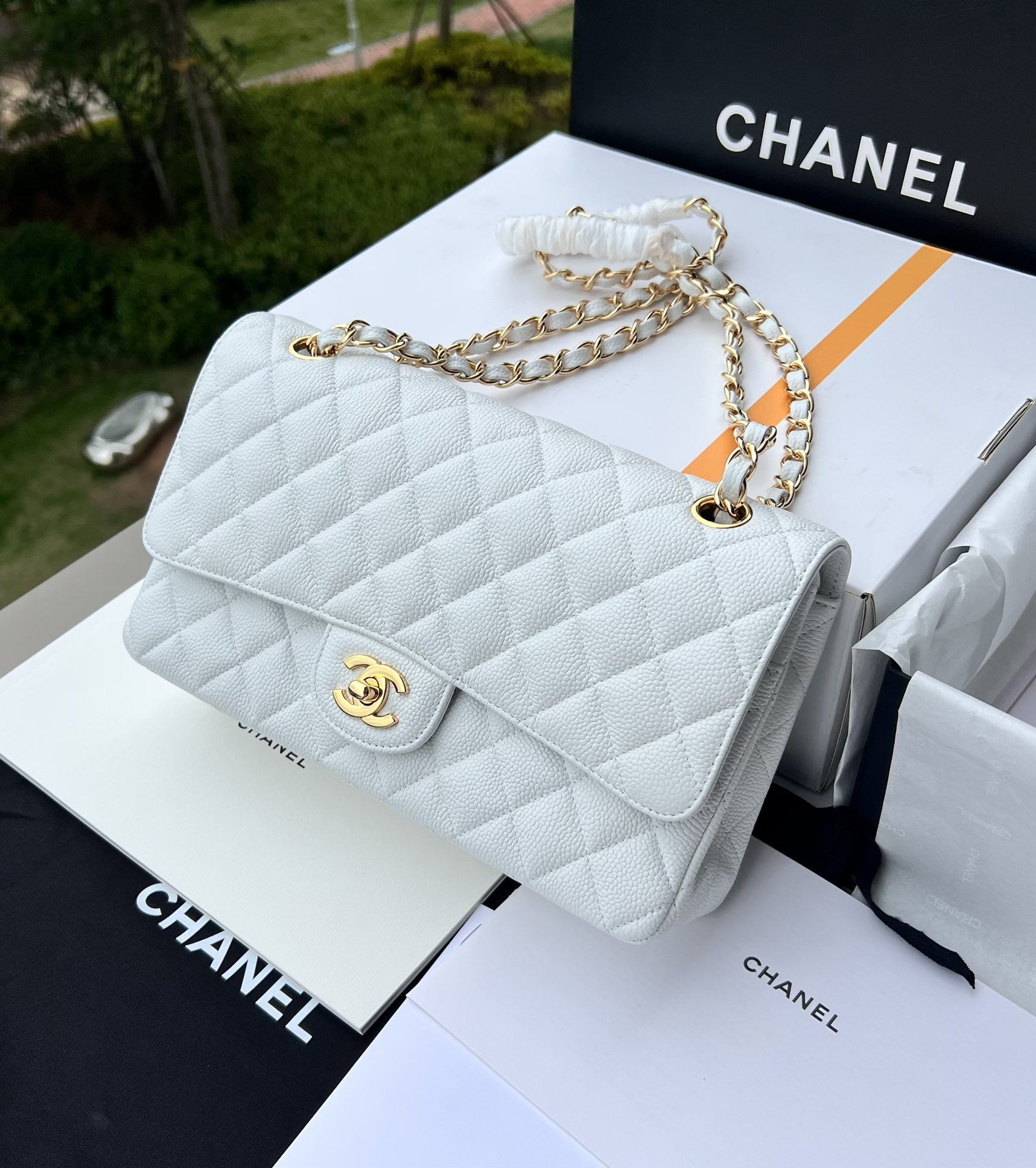 CHANEL CLASSIC HANDBAG GRAINED CALFSKIN & GOLD-TONE METAL WHITE 6 × 9.9 × 2.5 in