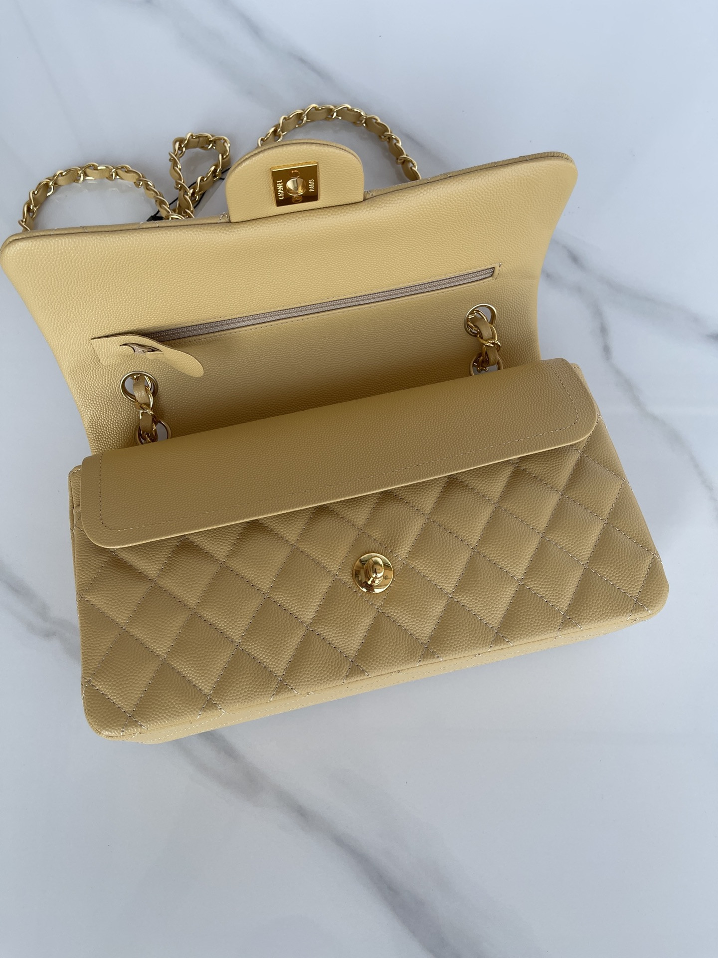 CHANEL CLASSIC HANDBAG GRAINED CALFSKIN & GOLD-TONE METAL YELLOW 6 × 9.9 × 2.5 in