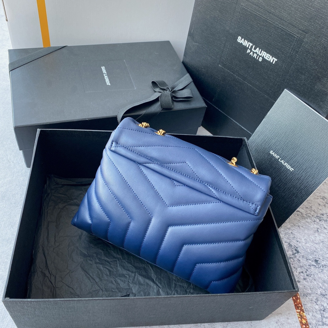 YSL LOULOU SMALL IN QUILTED LEATHER BLUE GOLD 9 X 6.1 X 3.3 INCHES