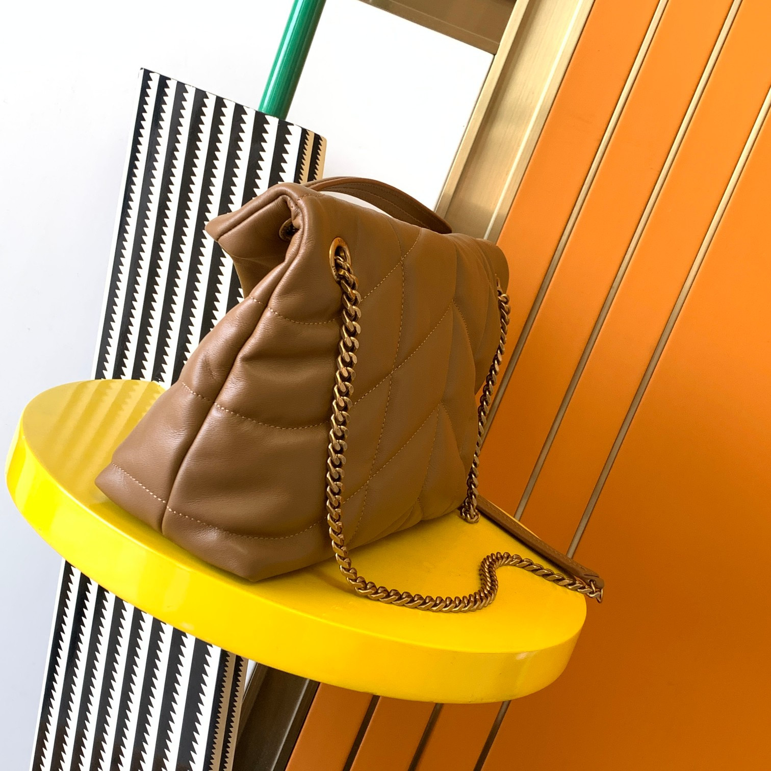 YSL PUFFER SMALL IN NAPPA LEATHER BROWN 11.4 X 6.6 X 4.3 INCHES