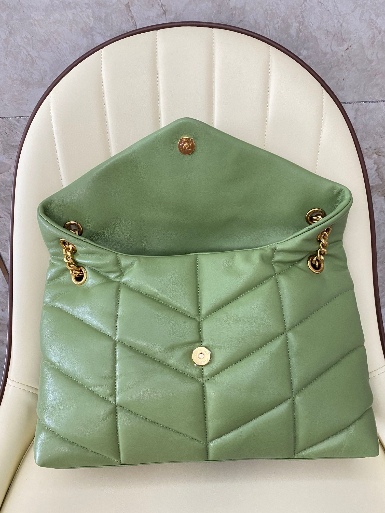 YSL PUFFER MEDIUM IN NAPPA LEATHER LIGHT GREEN 13.7 X 9 X 5.3 INCHES