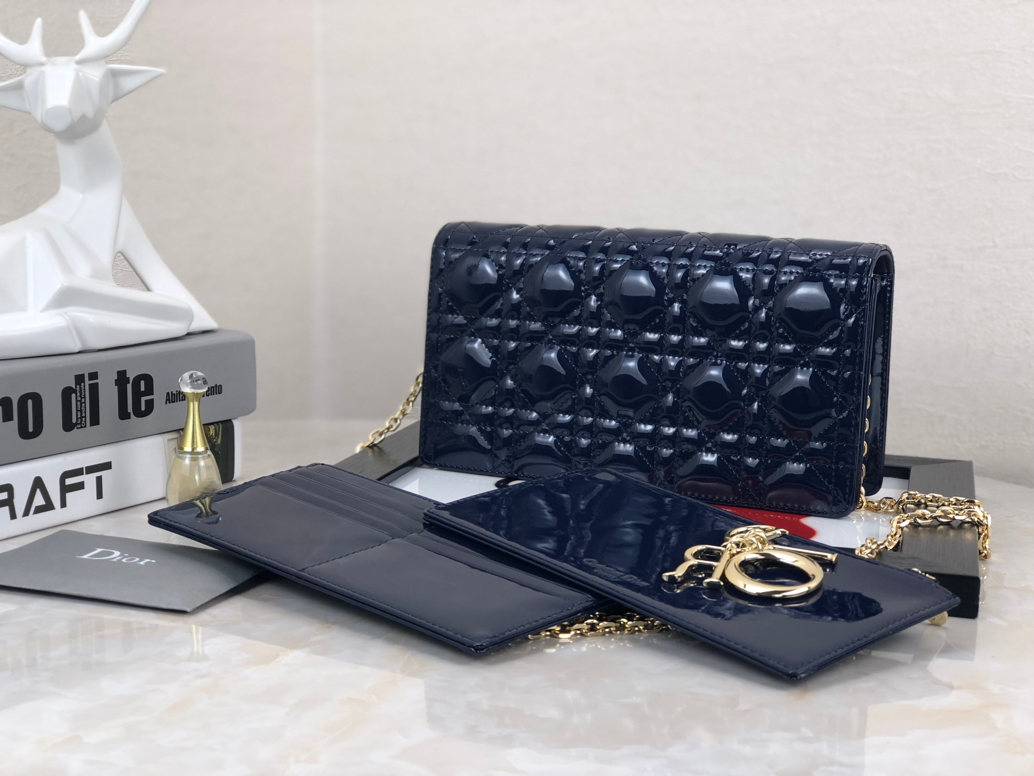 Lady Dior Pouch  Navy Patent Cannage Calfskin 8.5 x 4.5 x 1 inches