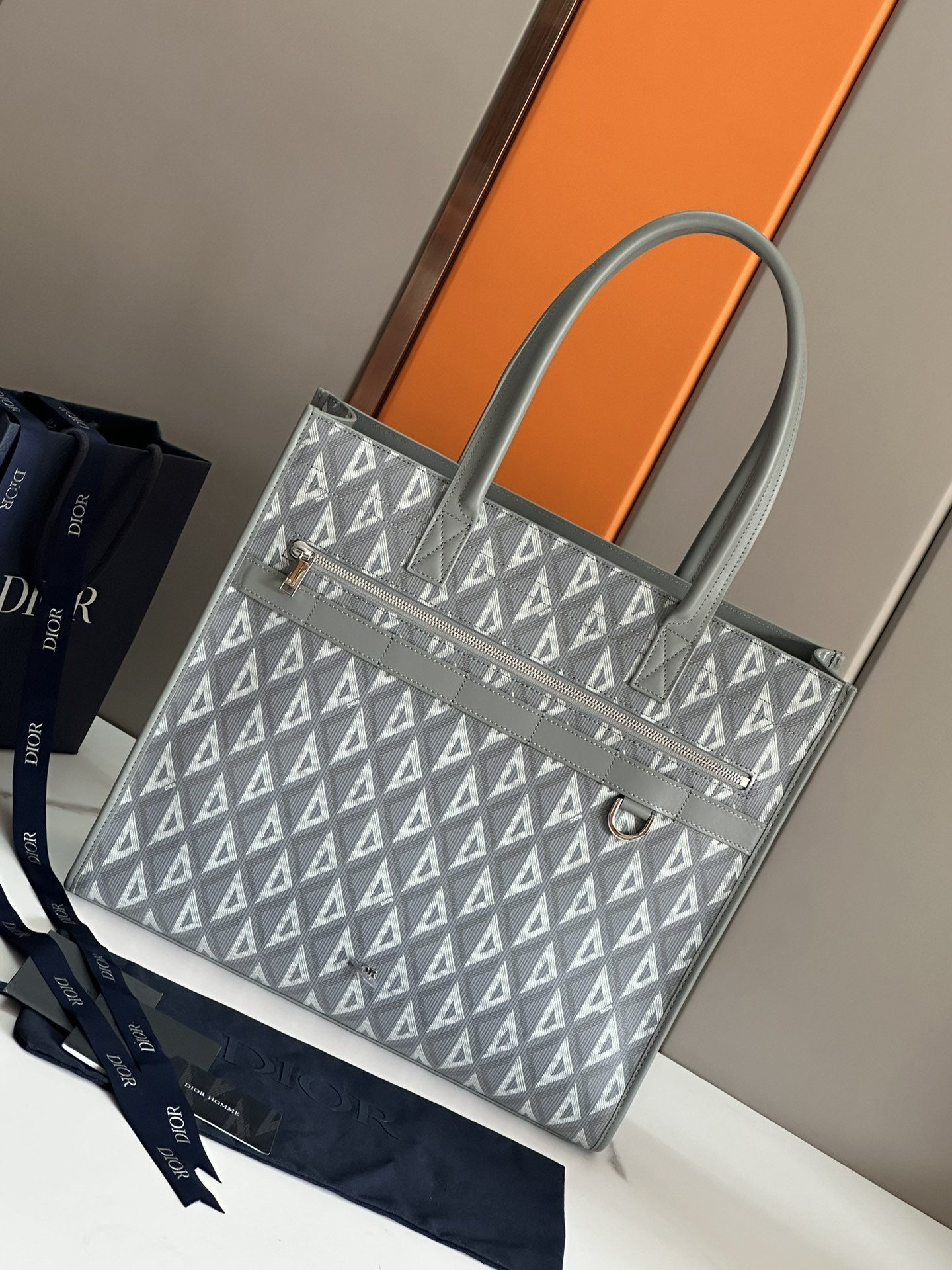 Dior Safari Tote Bag Gray In Grained Calfskin 15.5 x 14 x 4.5 inches