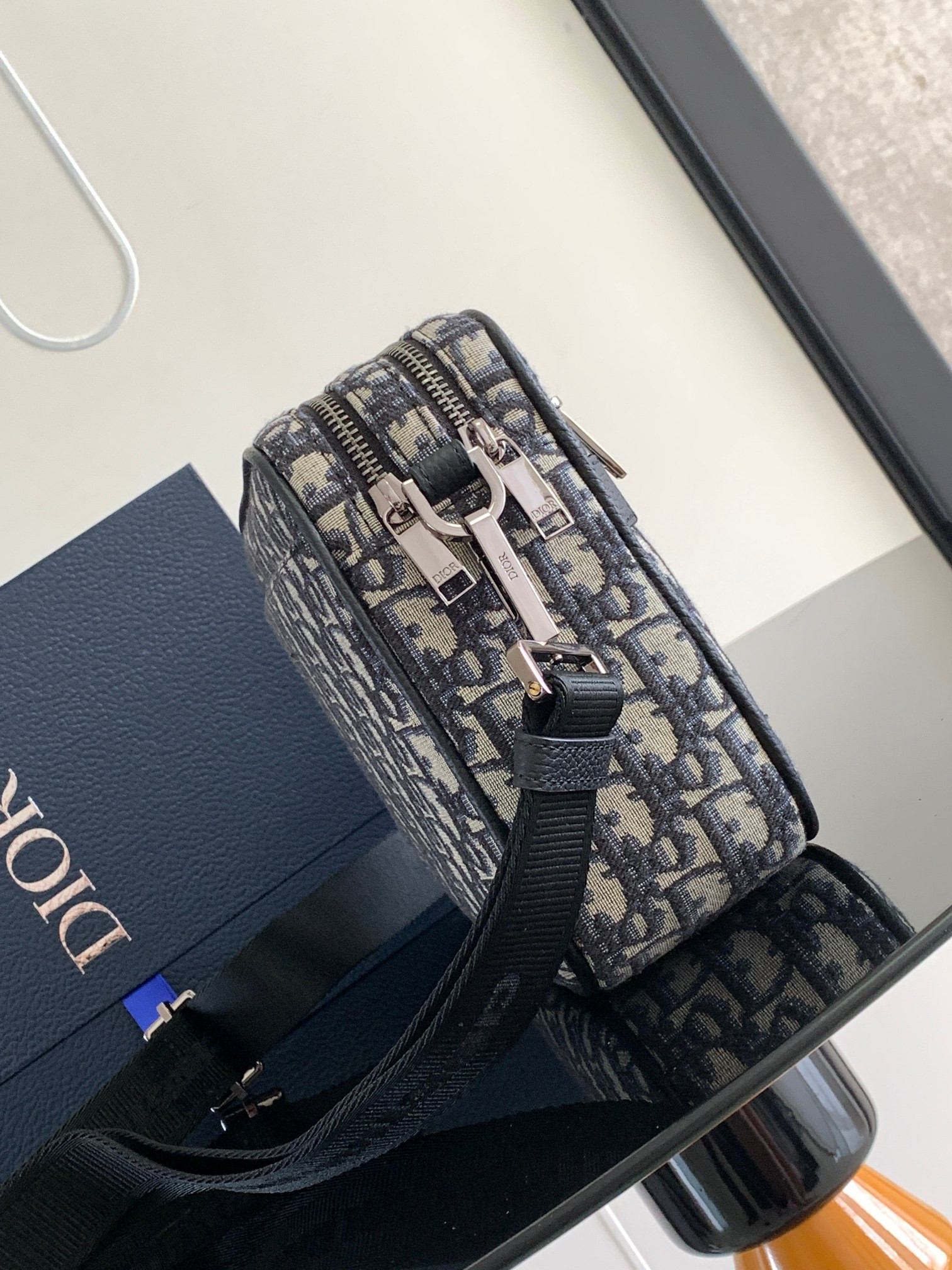 DIOR Maxi Safari Bag with Strap  Beige and Black Dior Oblique Jacquard