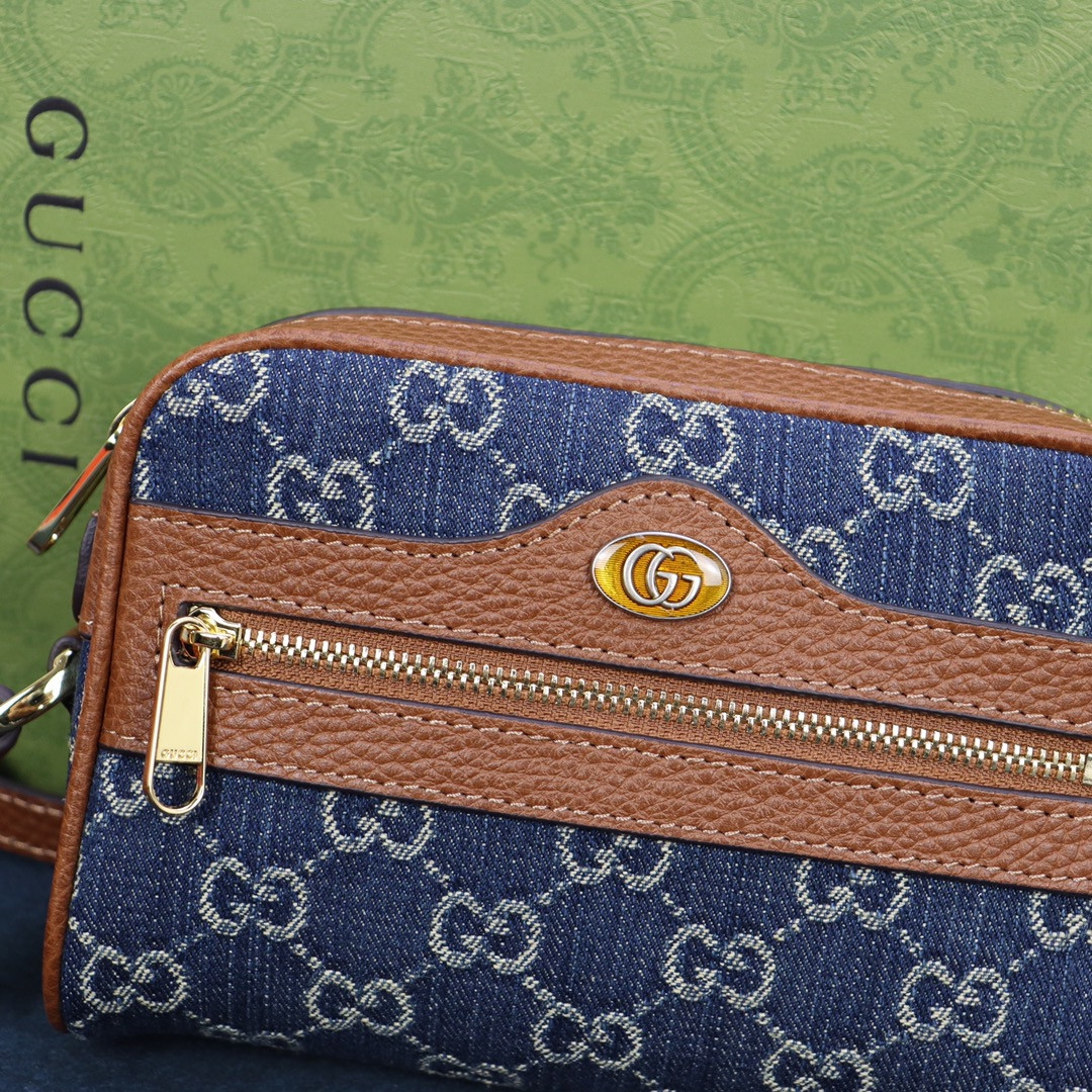 GUCCI OPHIDIA GG MINI TOP HANDLE BAG Denim Blue 6.8 W x 4.7 H x 2.1 D