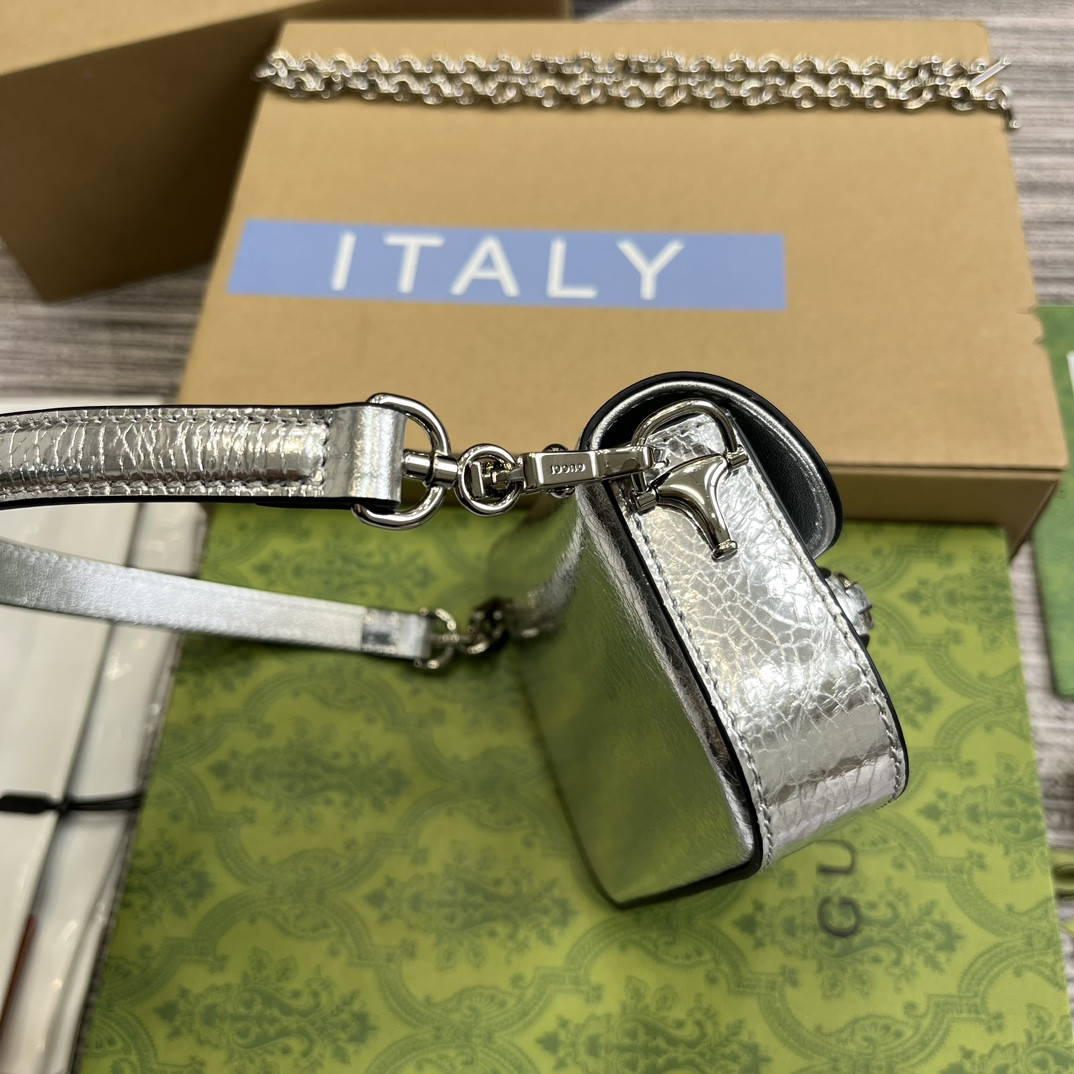 GUCCI HORSEBIT 1955 MINI SHOULDER BAG SILVER 7.7"W x 5-3.1"H x 2.4-1.2"D