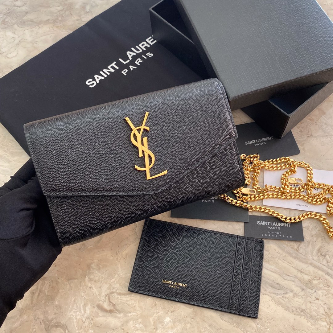 YSL UPTOWN CHAIN WALLET IN GRAIN DE POUDRE EMBOSSED LEATHER BLACK 7.5 X 4.7 X 1.2 INCHES