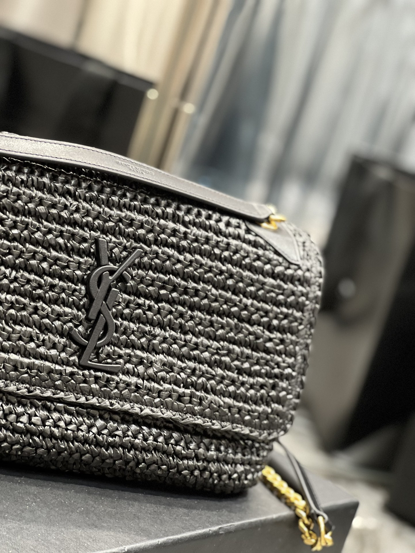 YSL NIKI MEDIUM CHAIN BAG IN RAFFIA AND LEATHER BLACK 11 X 7.8 X 3.3 INCHES