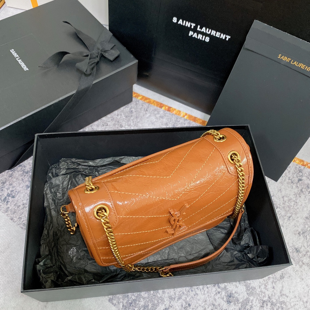 YSL NIKI BABY IN VINTAGE LEATHER LIGHT CARAMEL 8.2 X 6 X 2.9 INCHES