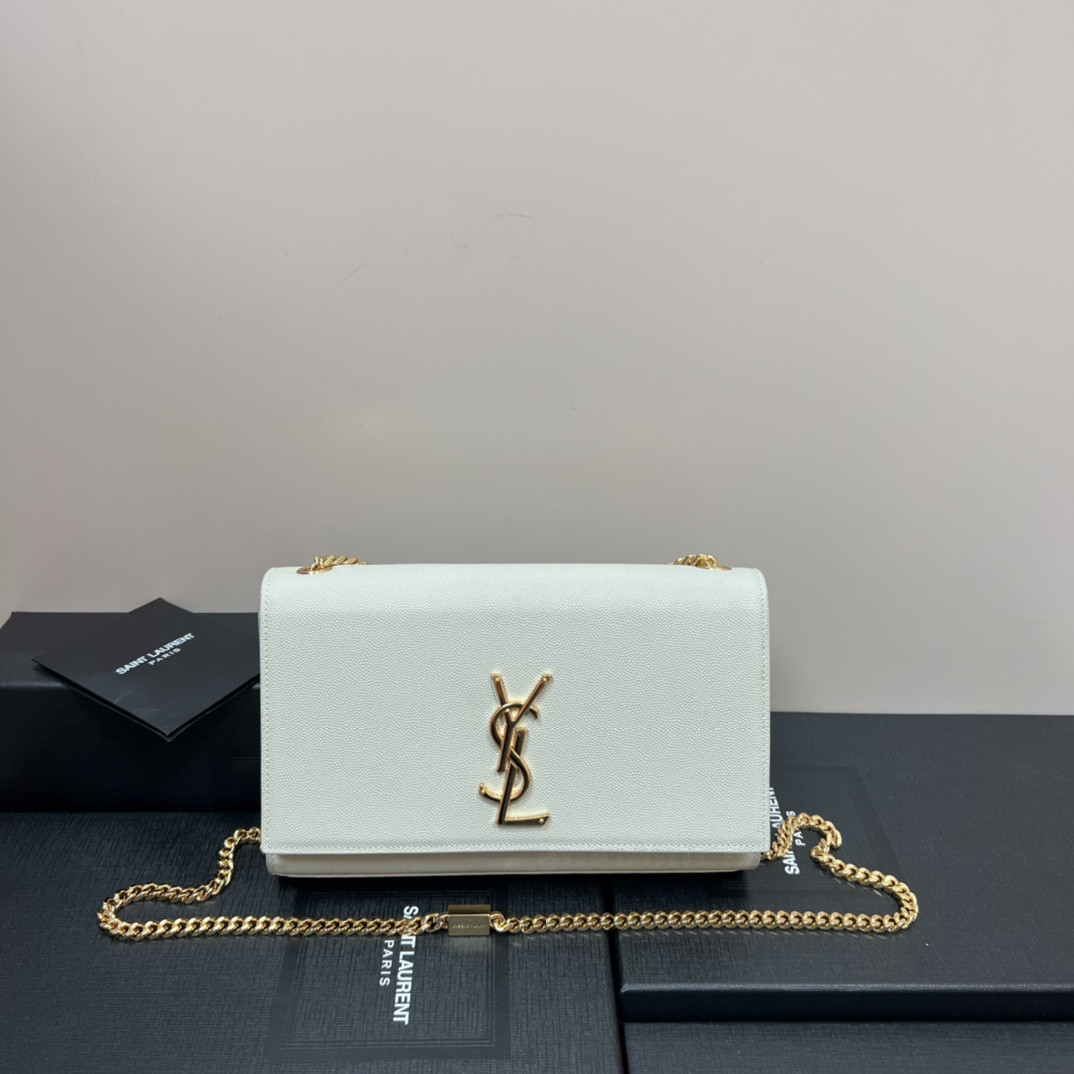 YSL KATE MEDIUM IN GRAIN DE POUDRE EMBOSSED LEATHER WHITE GOLD 9.4 X 5.7 X 2.1 INCHES