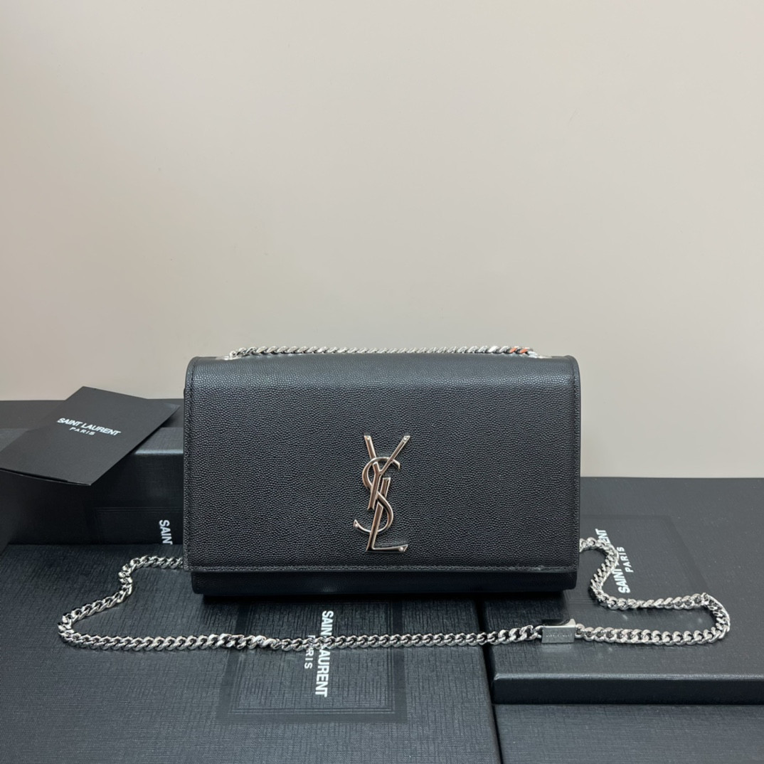 YSL KATE MEDIUM IN GRAIN DE POUDRE EMBOSSED LEATHER BLACK SILVER 9.4 X 5.7 X 2.1 INCHES