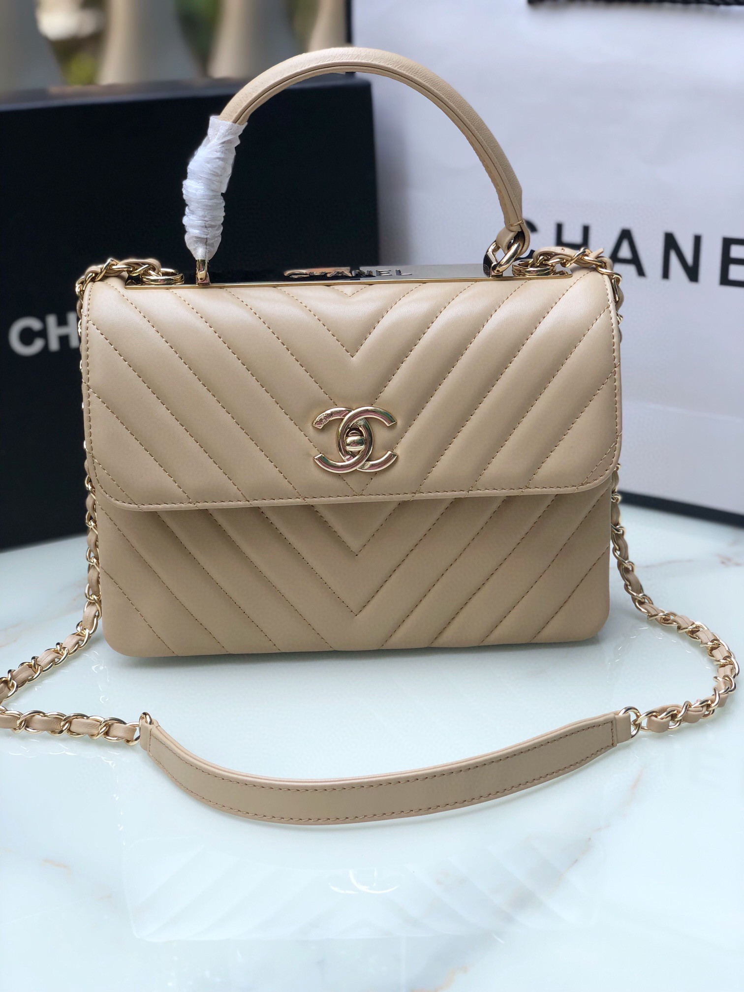 CHANEL FLAP BAG WITH TOP HANDLE BEIGE 6.6 × 9.8 × 4.7 in