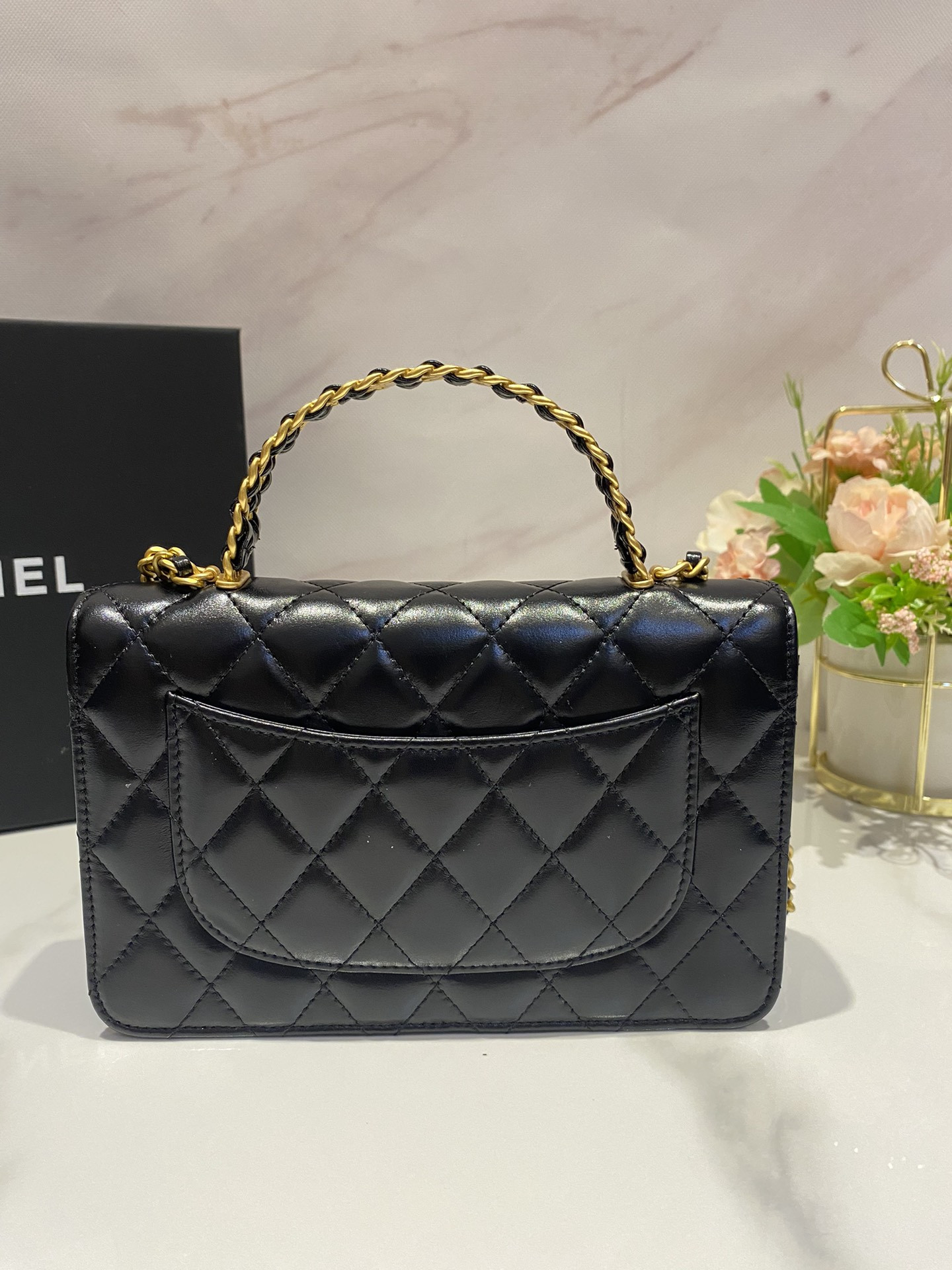 CHANEL CLASSIC WALLET ON CHAIN Rhinestone Handle BLACK 4.8 × 7.5 × 1.4 in